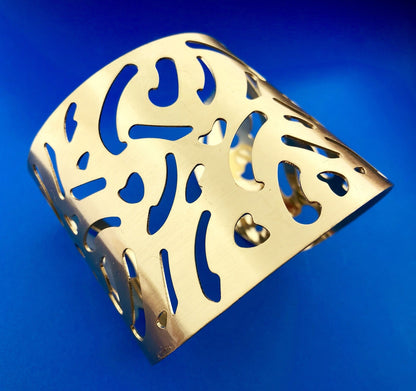 Modernist Gold Tone Brushed Finish Animal Print Cutout Statement Cuff Bracelet