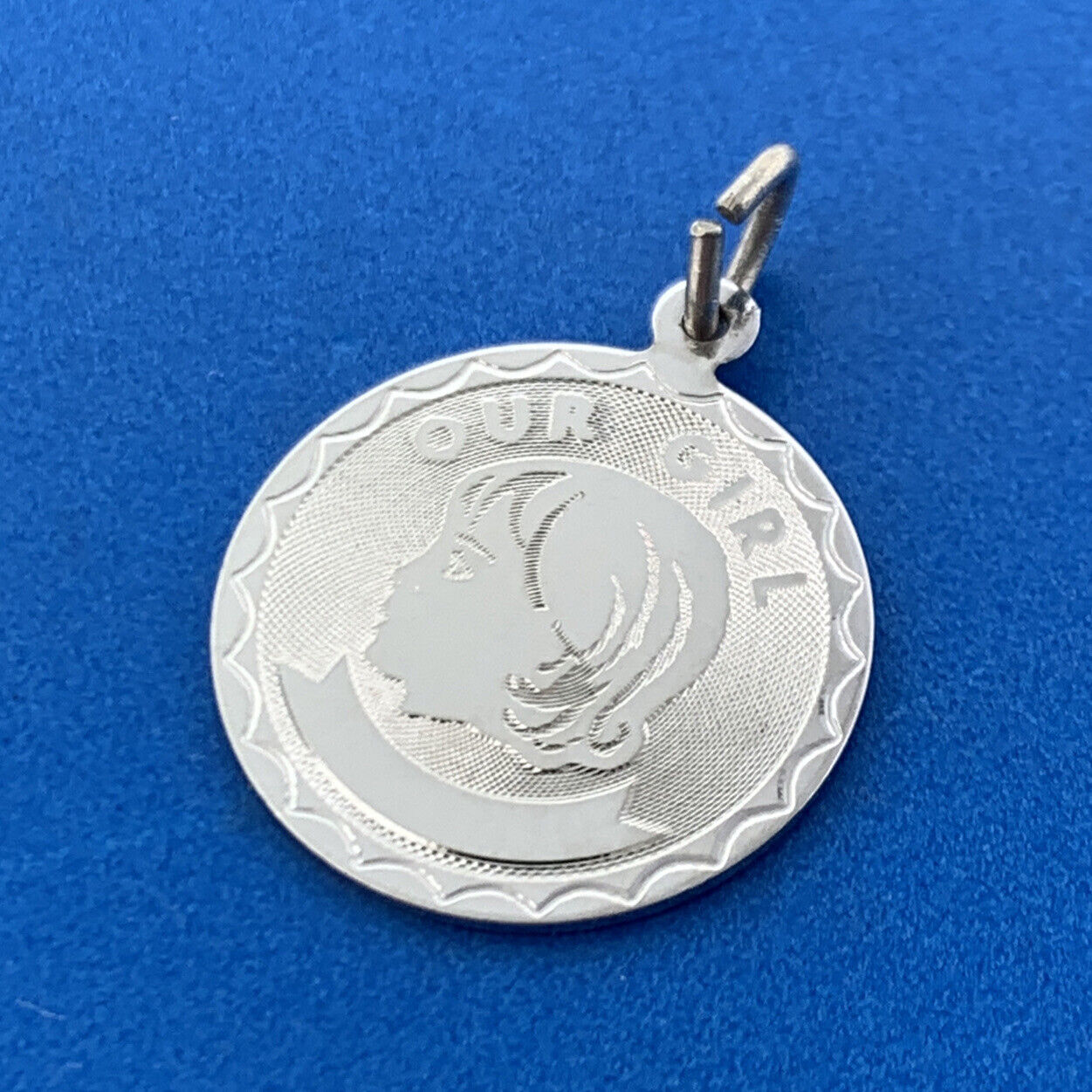 Vintage 925 Sterling Silver Our Girl Textured Engravable Bracelet Circle Charm