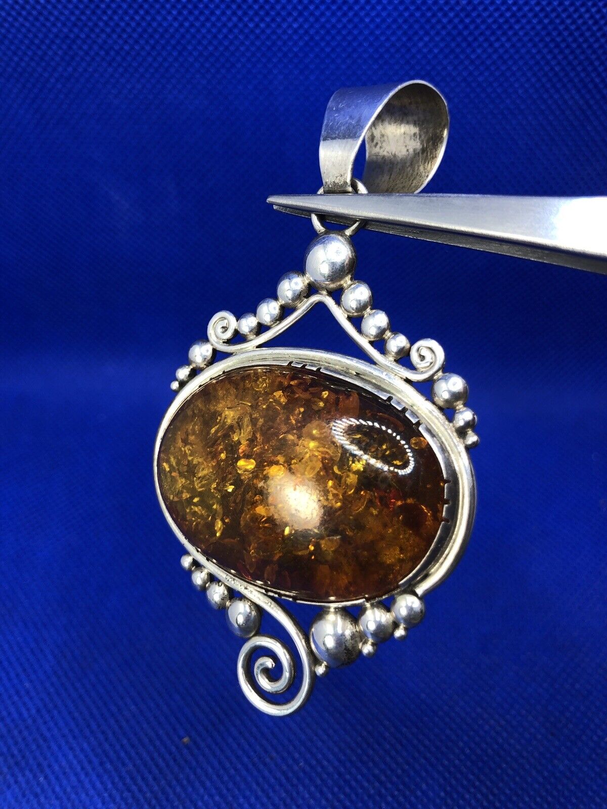 Vintage 925 Sterling Silver Oval Amber Open Scroll Statement Pendant