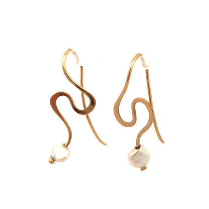 Estate 14K Yellow Gold Pearl Swirl Dangle Drop Modernist Hook Earrings