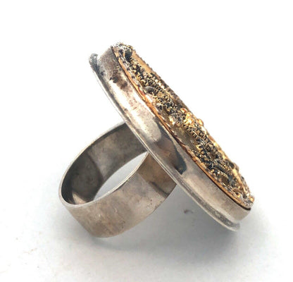 Lori Leavitt 925 Sterling Silver Gold Two Tone Asian White Jade Statement Ring