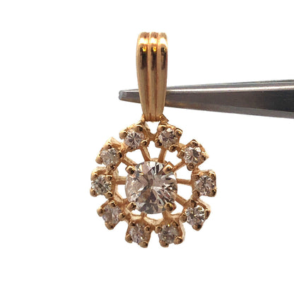 Designer 14K Yellow Gold Round Diamond W/Diamond Halo Floral Charm Pendant