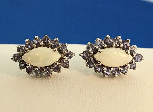 Designer 14K White Gold Marquise Opal Tanzanite Halo October Stud Earrings