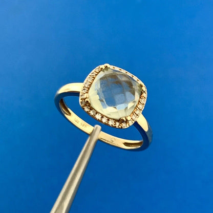 14k Yellow Gold Faceted Cushion Green Tourmaline Diamond Accent Size 6.25 Ring