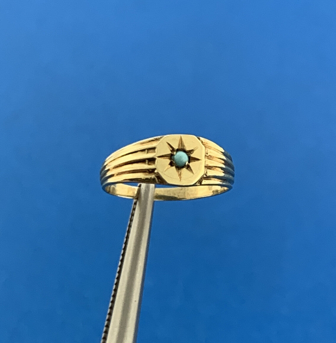 Art Deco Art Nouveau 14K Yellow Gold Turquoise Seed Bead Childs Band Pinky Ring