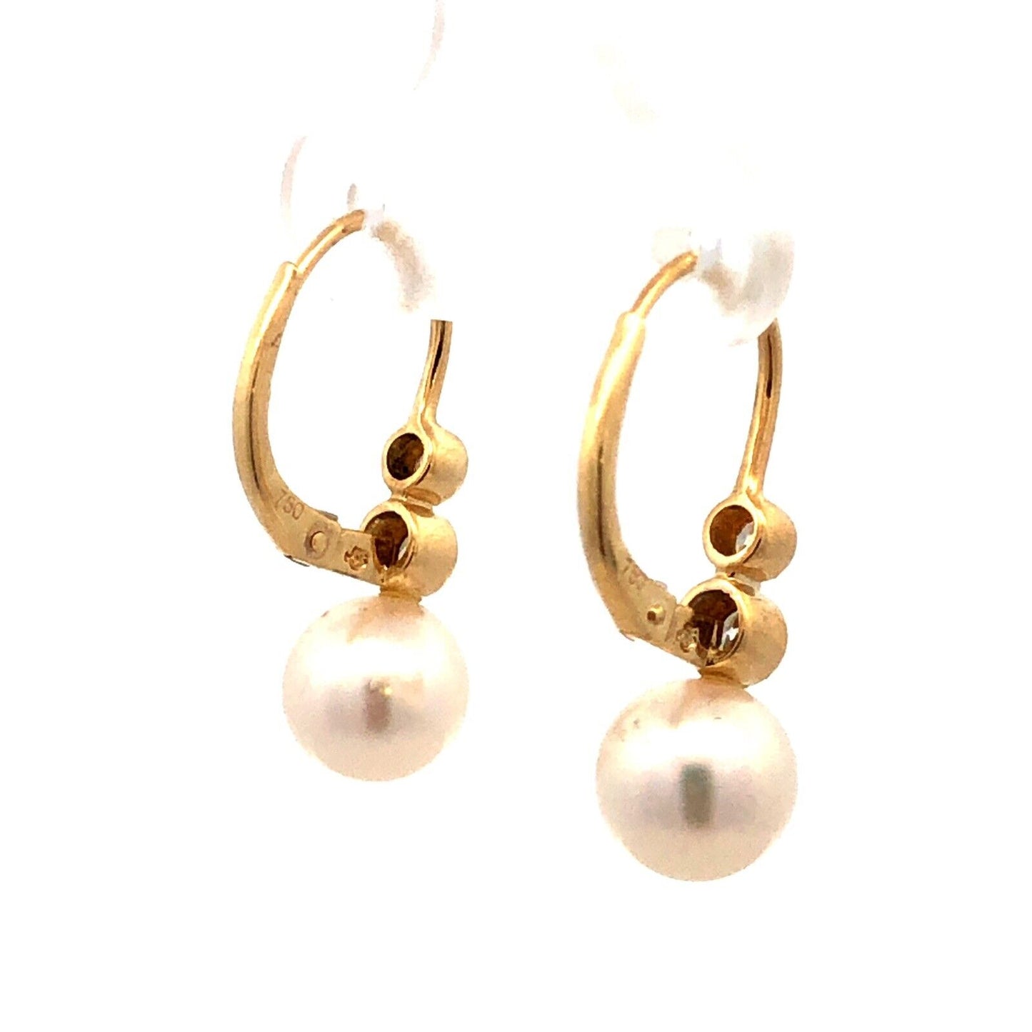 Designer 18K Yellow Gold Round White Pearl Diamond Leverback Hook Earrings