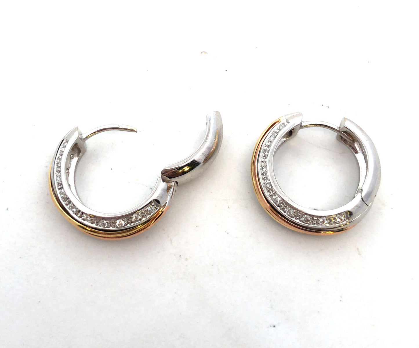 Designer 18K White Yellow Gold Two Tone Round Diamond Hinged Hoop Earrings
