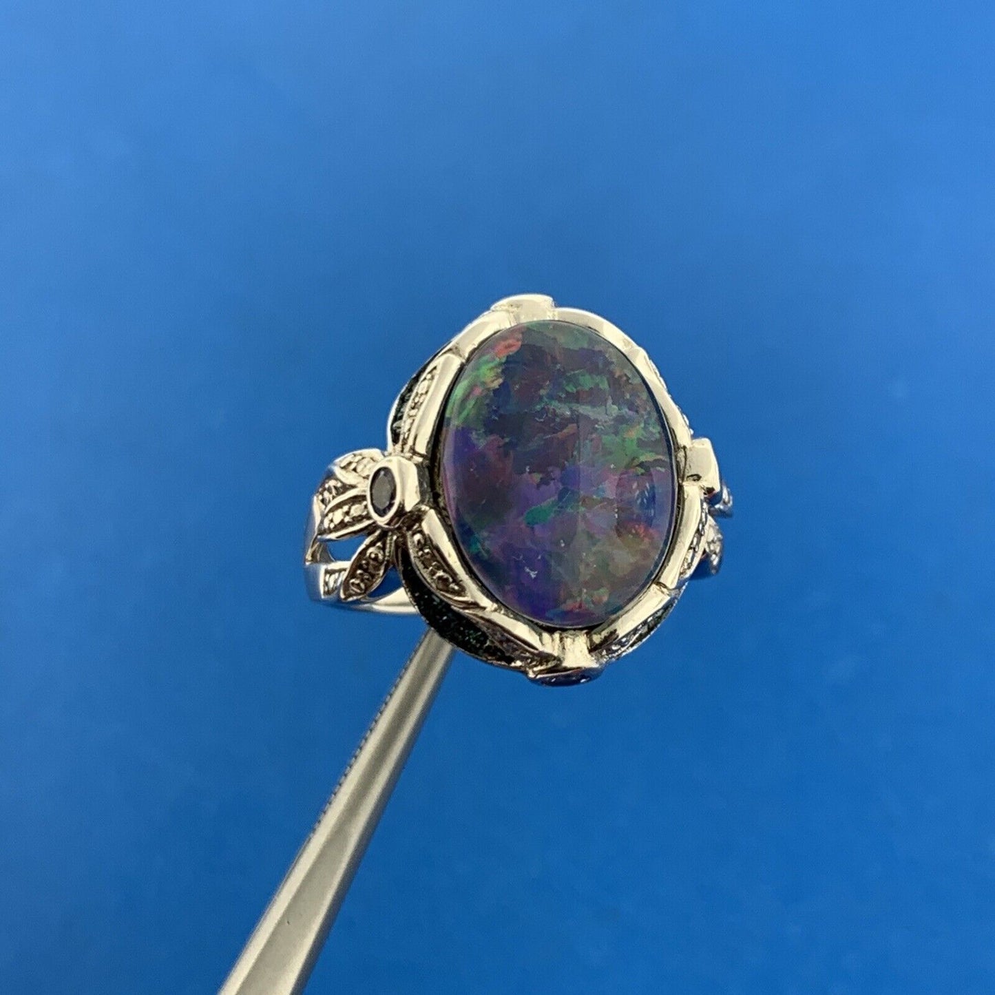 Designer 925 Sterling Silver Opal Doublet Amethyst Blue Diamond Accented Ring