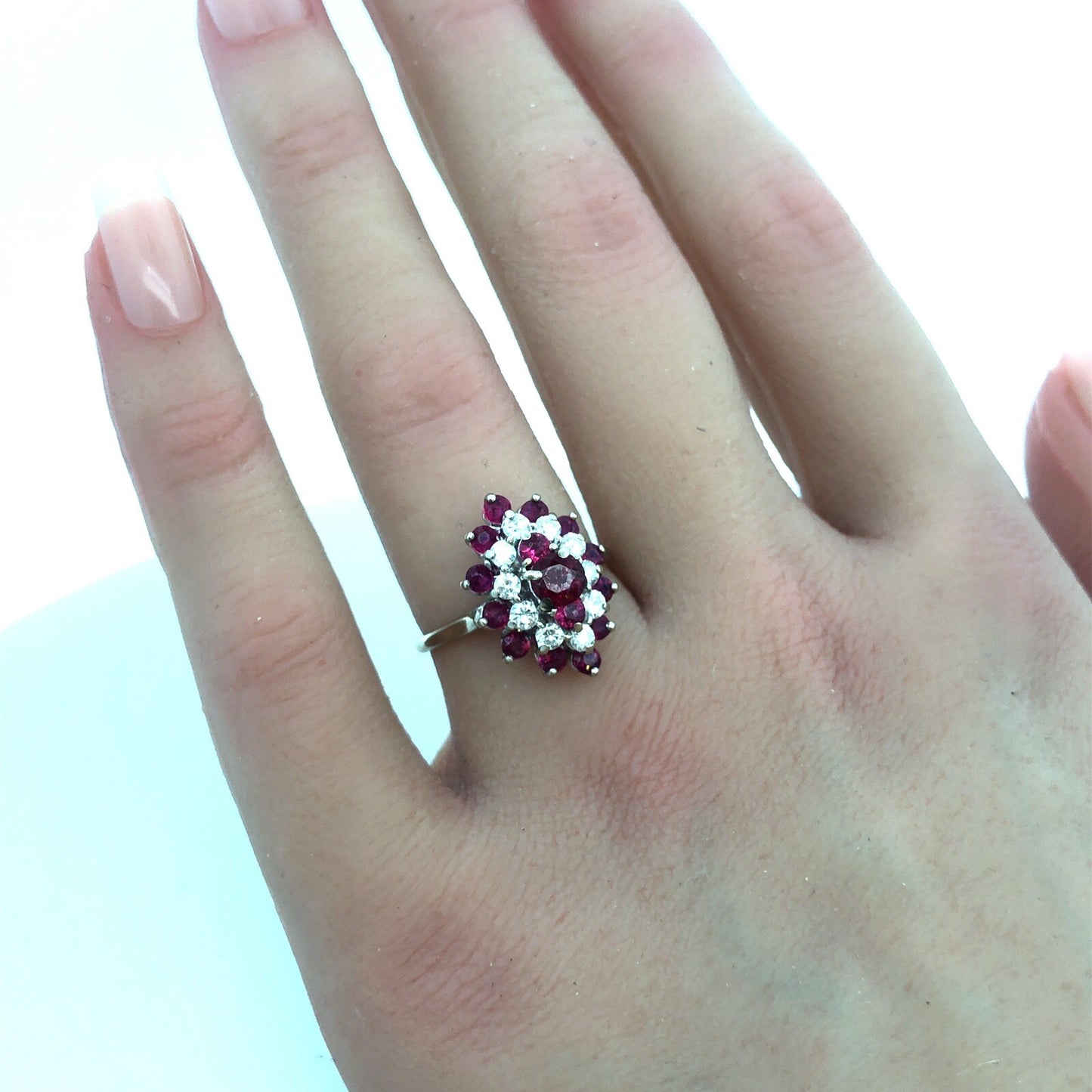 14K White Gold Ruby Diamond Cluster Bridal Birthstone Anniversary Cocktail Ring