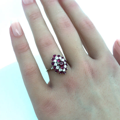14K White Gold Ruby Diamond Cluster Bridal Birthstone Anniversary Cocktail Ring