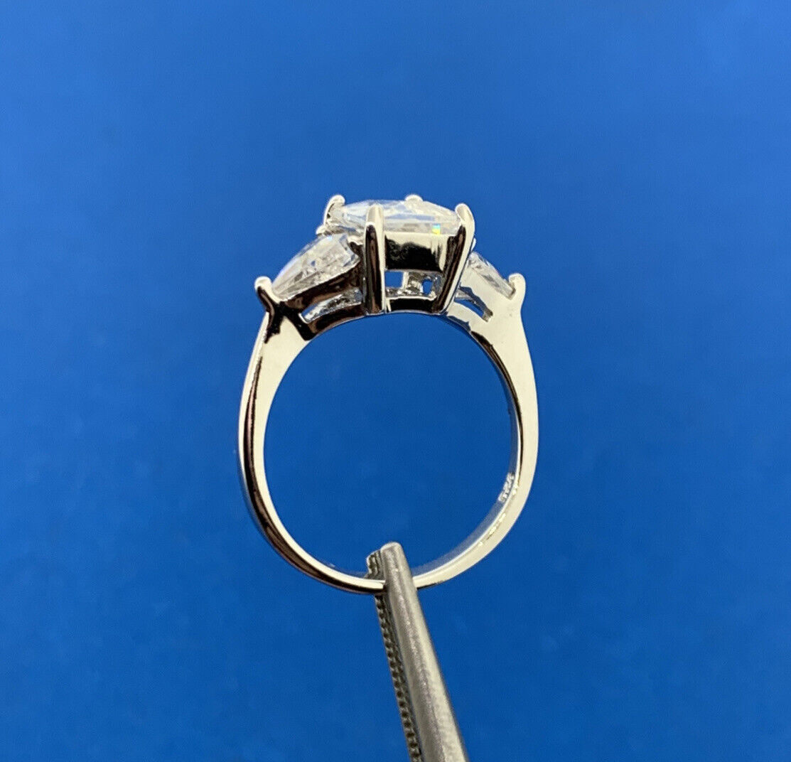 Designer 925 Sterling Silver Emerald Cut Cubic Zirconia Triangle Accented Ring