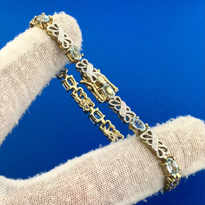 Gold Vermeil Sterling Silver 925 Blue Topaz Diamond 7.5" Tennis Bracelet
