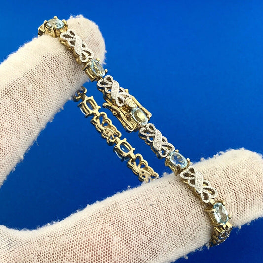 Gold Vermeil Sterling Silver 925 Blue Topaz Diamond 7.5" Tennis Bracelet