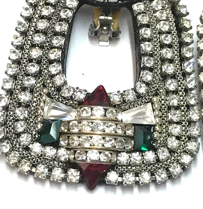Original M&J Hansen '89 Signed Red Green Crystal Rhinestone Runway Clip Earrings
