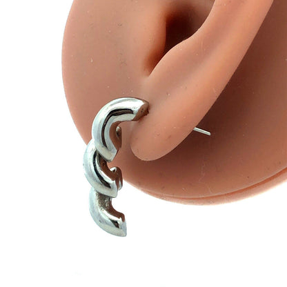 Estate Rhodium Plated Silver Tone Macaroni Link Chain Dangle Stud Earrings