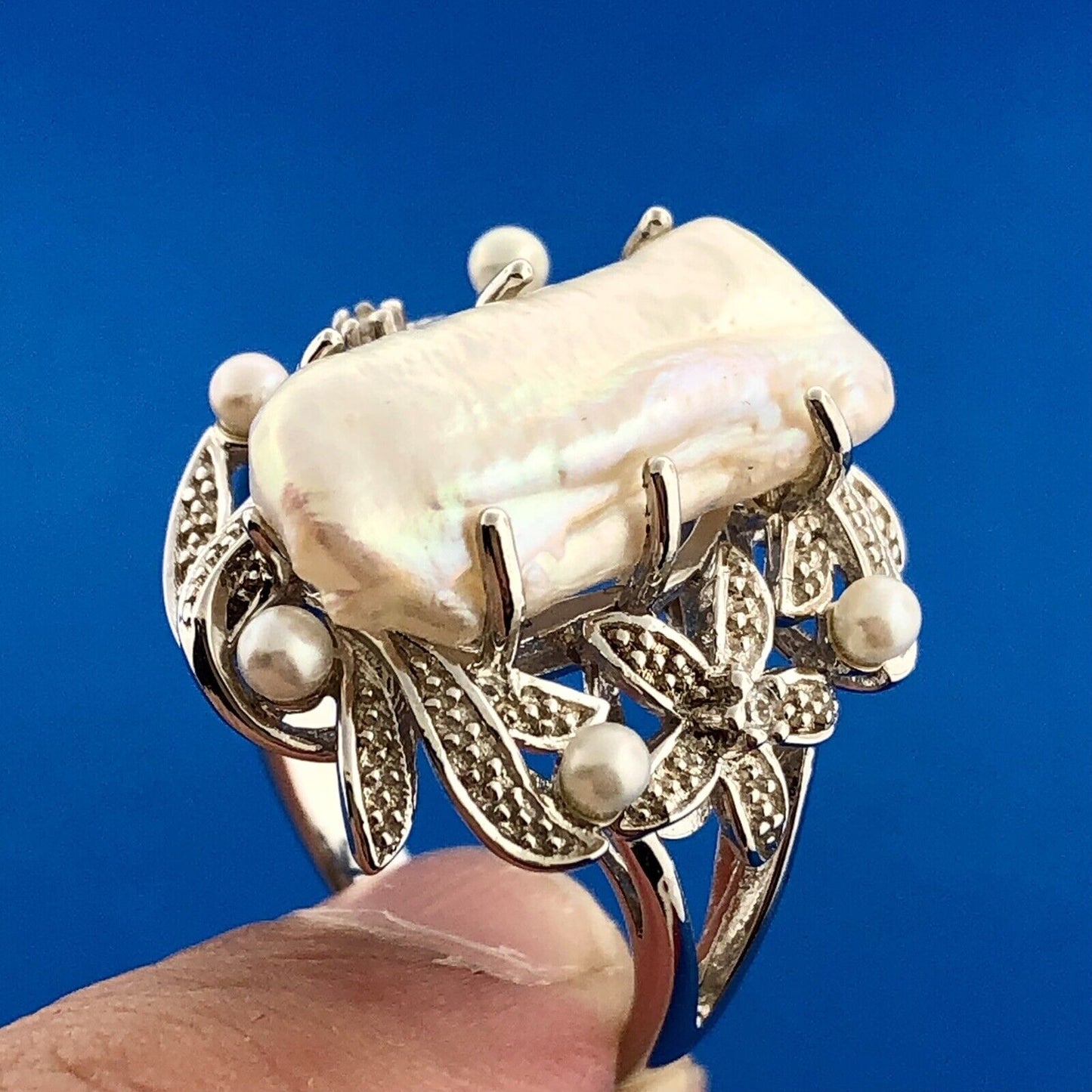 Designer HT 925 Sterling Silver Mother Of Pearl Diamond Pearl Floral Ring