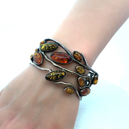 Vintage 925 Sterling Silver Green Orange Yellow Amber Vines Hinged Cuff Bracelet