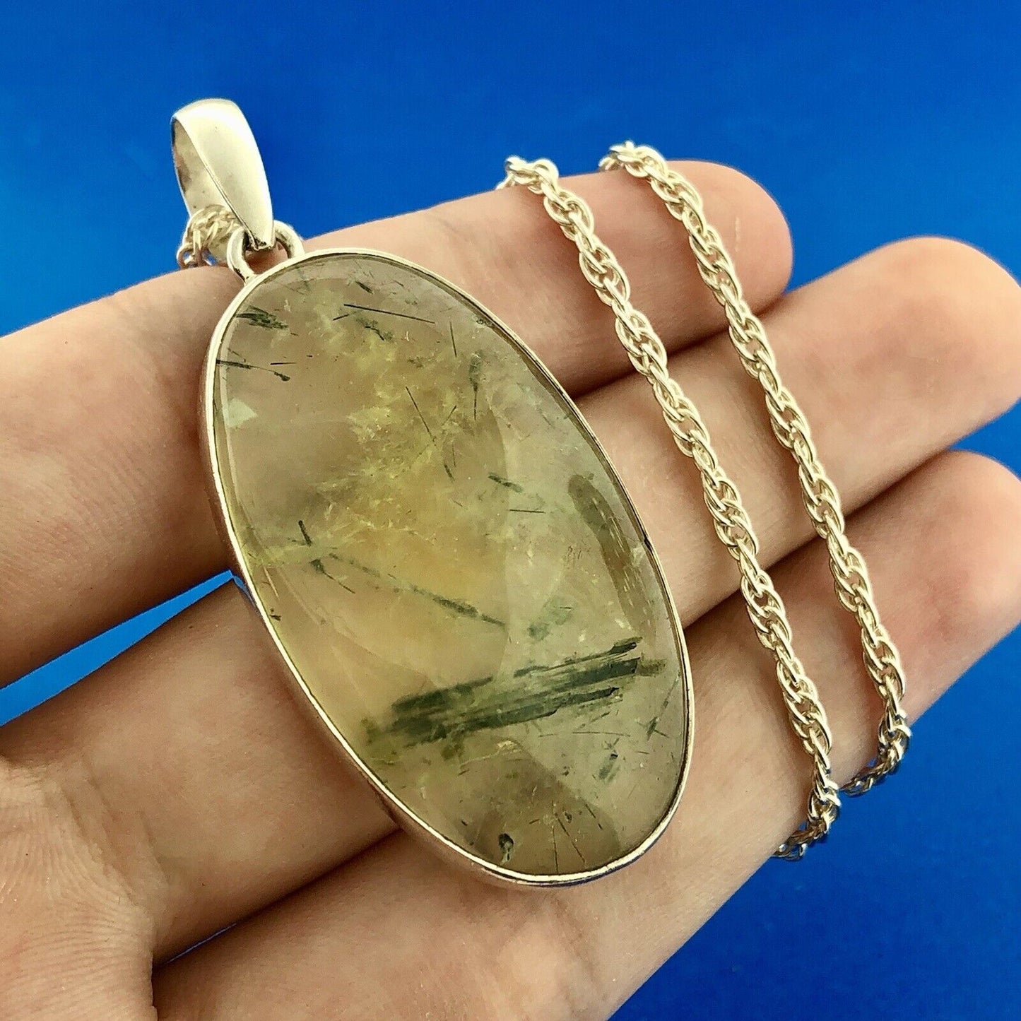 Heart Chakra 925 Sterling Silver Green Reticulated Quartz Oval Statement Pendant