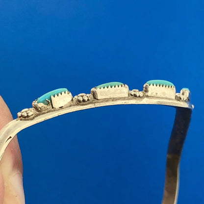 Native American Signed 925 Sterling Silver Turquoise Floral Dainty Cuff Bracelet