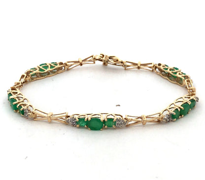 Designer SAY 14K Yellow Gold Oval Green Emerald Diamond Panel Tennis Bracelet