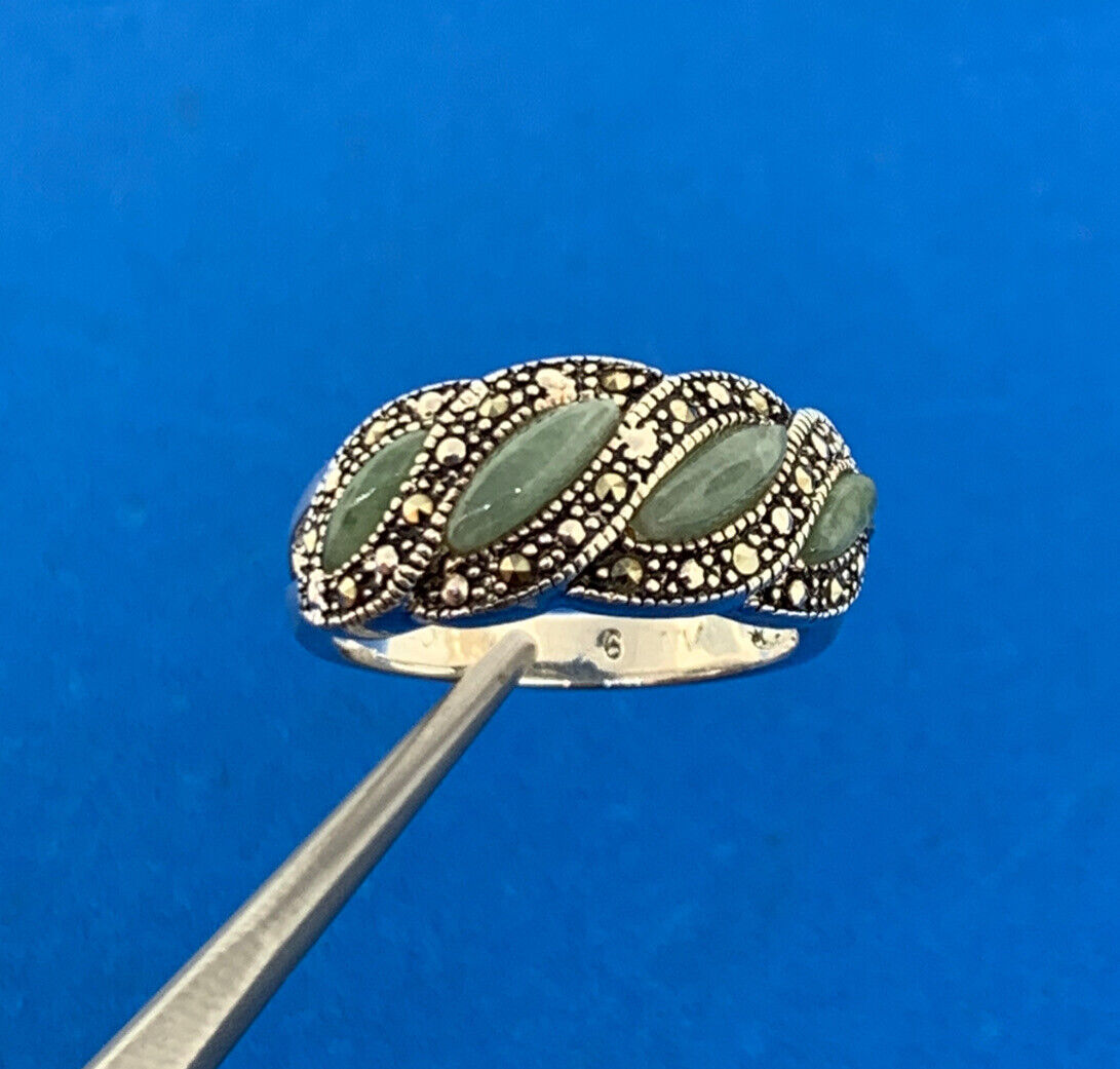 Designer NV 925 Sterling Silver Jade Marcasite Accented Cocktail Ring