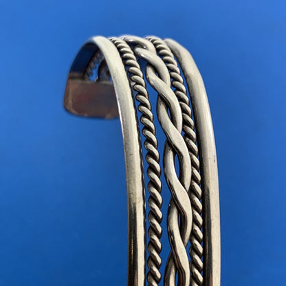 Vintage 925 Sterling Silver Ribbed Braided Rope Open Cuff Bracelet