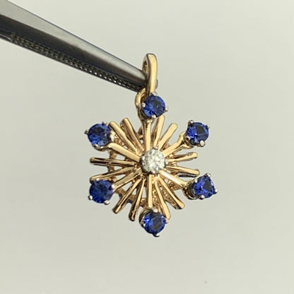 Vintage 14K Yellow Gold Blue Sapphire Diamond Pinwheel Starburst Pendant