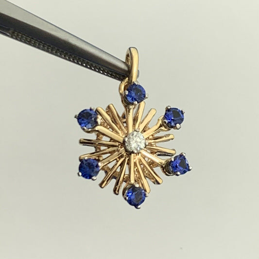 Vintage 14K Yellow Gold Blue Sapphire Diamond Pinwheel Starburst Pendant