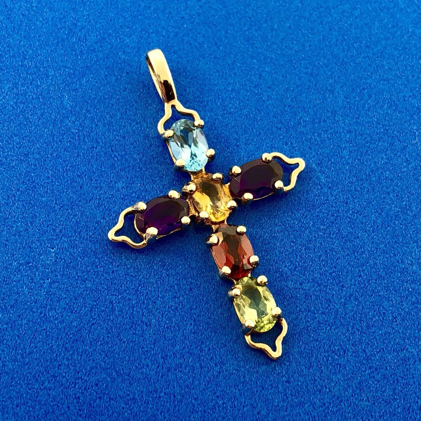 Vintage 10K Yellow Gold Multi Gemstone Cross Pendant