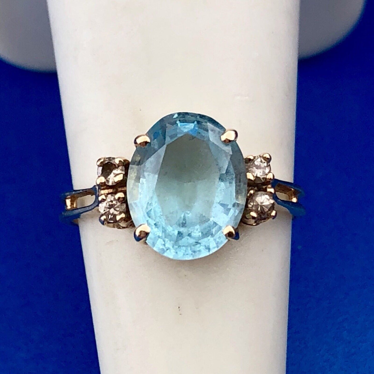 Elegant 14K Yellow Gold Blue Topaz Diamond Cocktail December Anniversary Ring