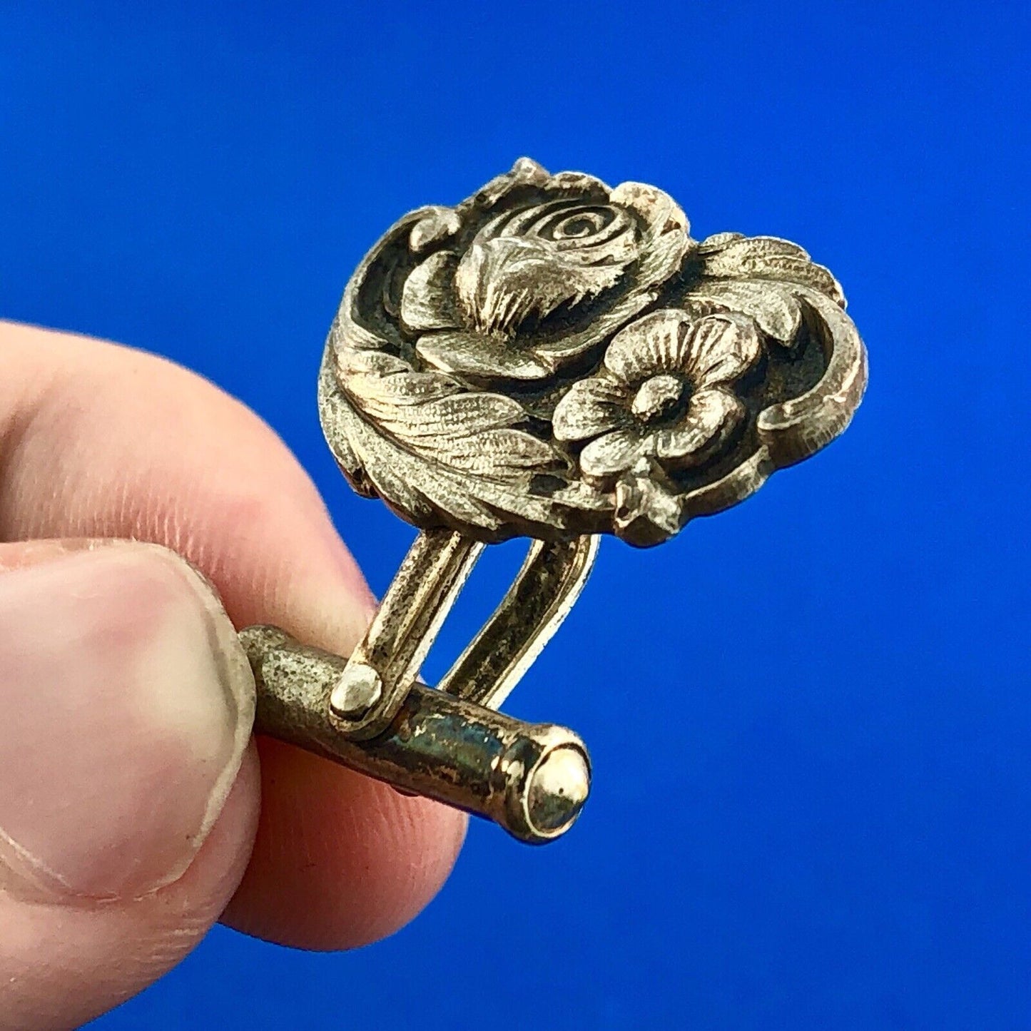 Art Deco S Kirk & Son 925 Sterling Silver Reposse Floral Patina Cuff Links