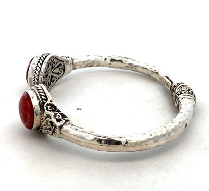 SARDA Sterling Silver Red Coral Radiant Roses Tip to Tip Hinged Cuff Bracelet