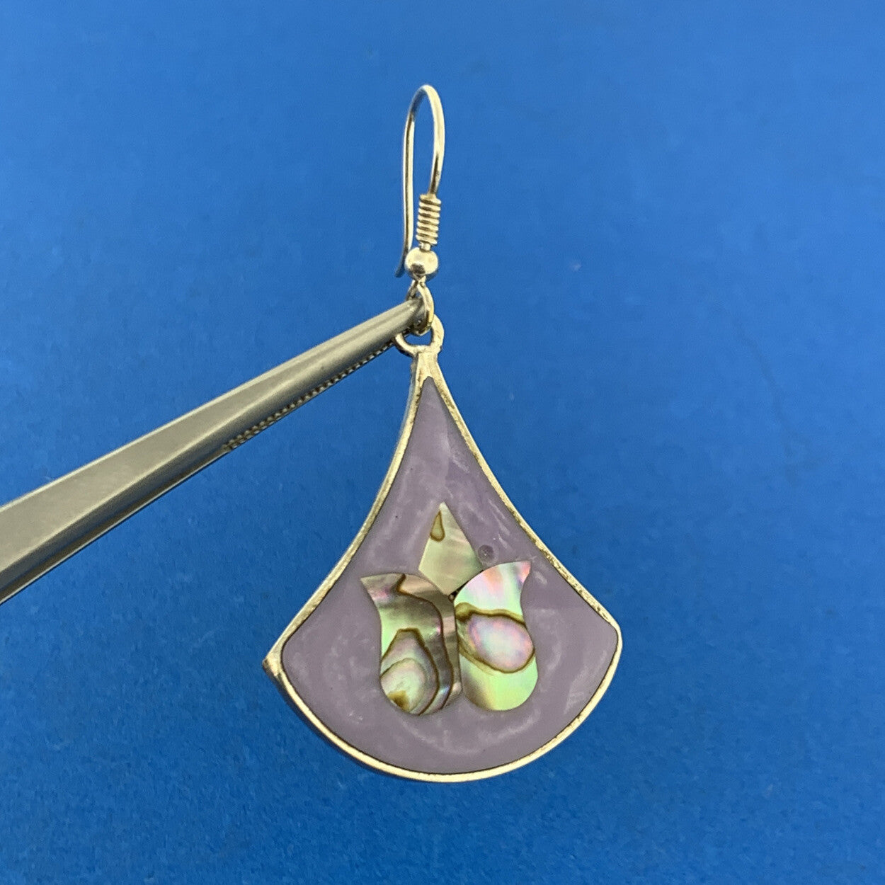 Vintage Mexican Alpaca Silver Abalone Purple Enamel Drop Dangle Earrings
