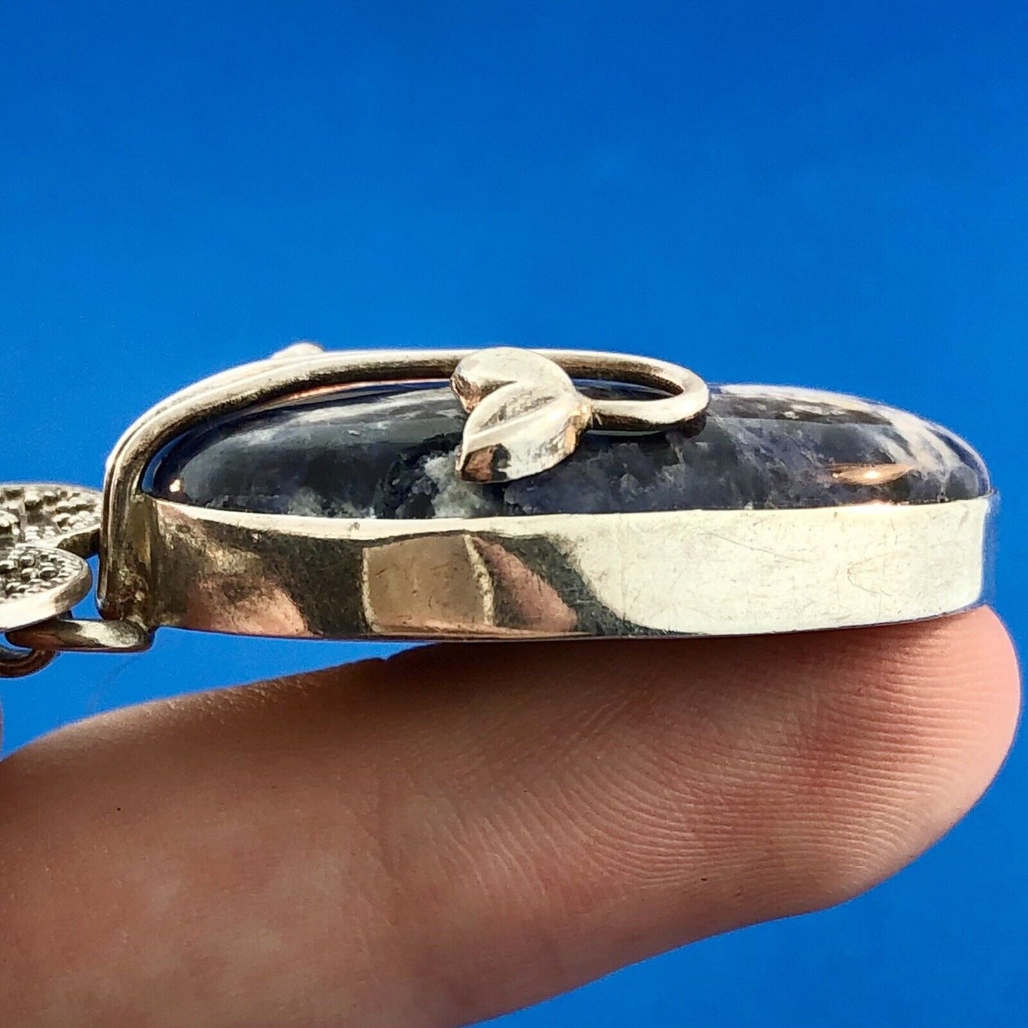 Vintage 925 Sterling Silver Lapis Lazuli Floral Beadwork Statement Pendant