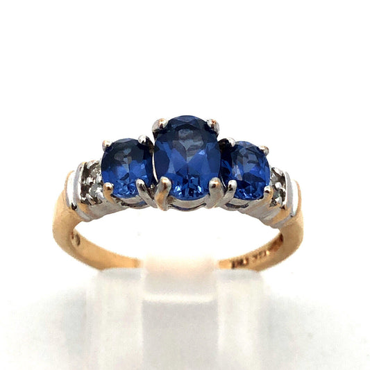 Designer JML 10K Yellow Gold Oval Tanzanite Trio Diamond Engagement Promise Ring