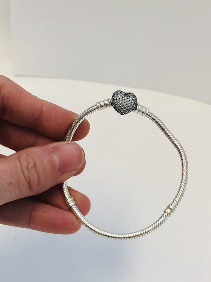 Authentic Pandora 925 Sterling Silver Pave Heart Clasp 590727CZ Charm Bracelet