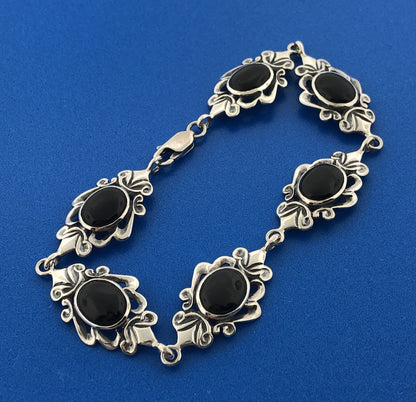 Estate Designer Sterling Silver 925 Black Onyx Scroll Panel Link Bracelet