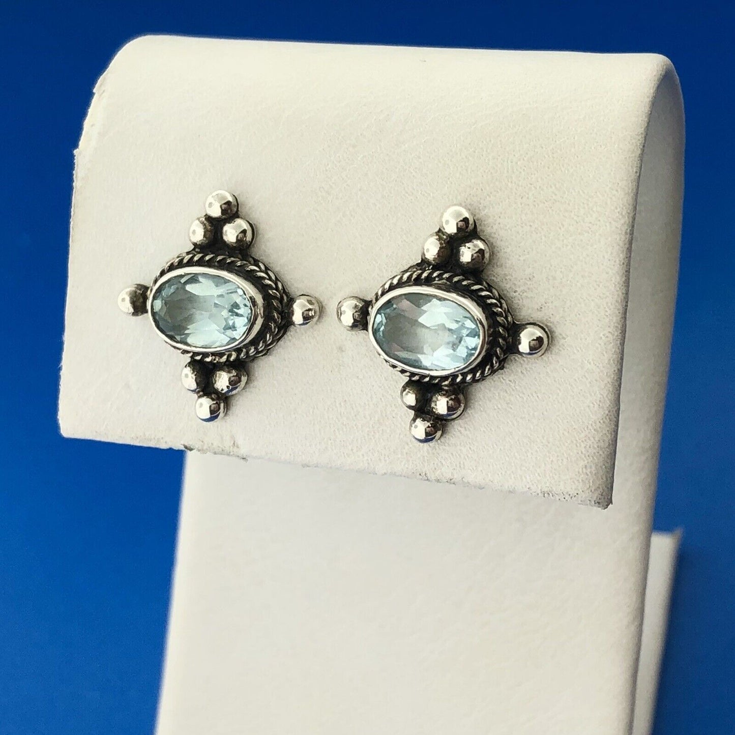 Estate 925 Sterling Silver Oval Blue Topaz December Occasion Stud Earrings
