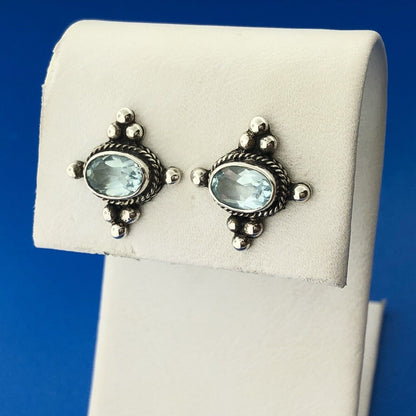 Estate 925 Sterling Silver Oval Blue Topaz December Occasion Stud Earrings