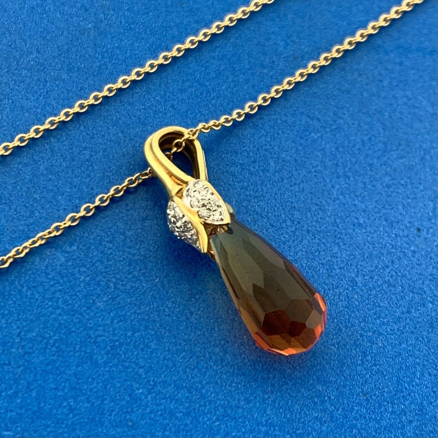 Gorgeous 18k Yellow Gold Orange Citrine Diamond Accent Floral 16" Chain Necklace
