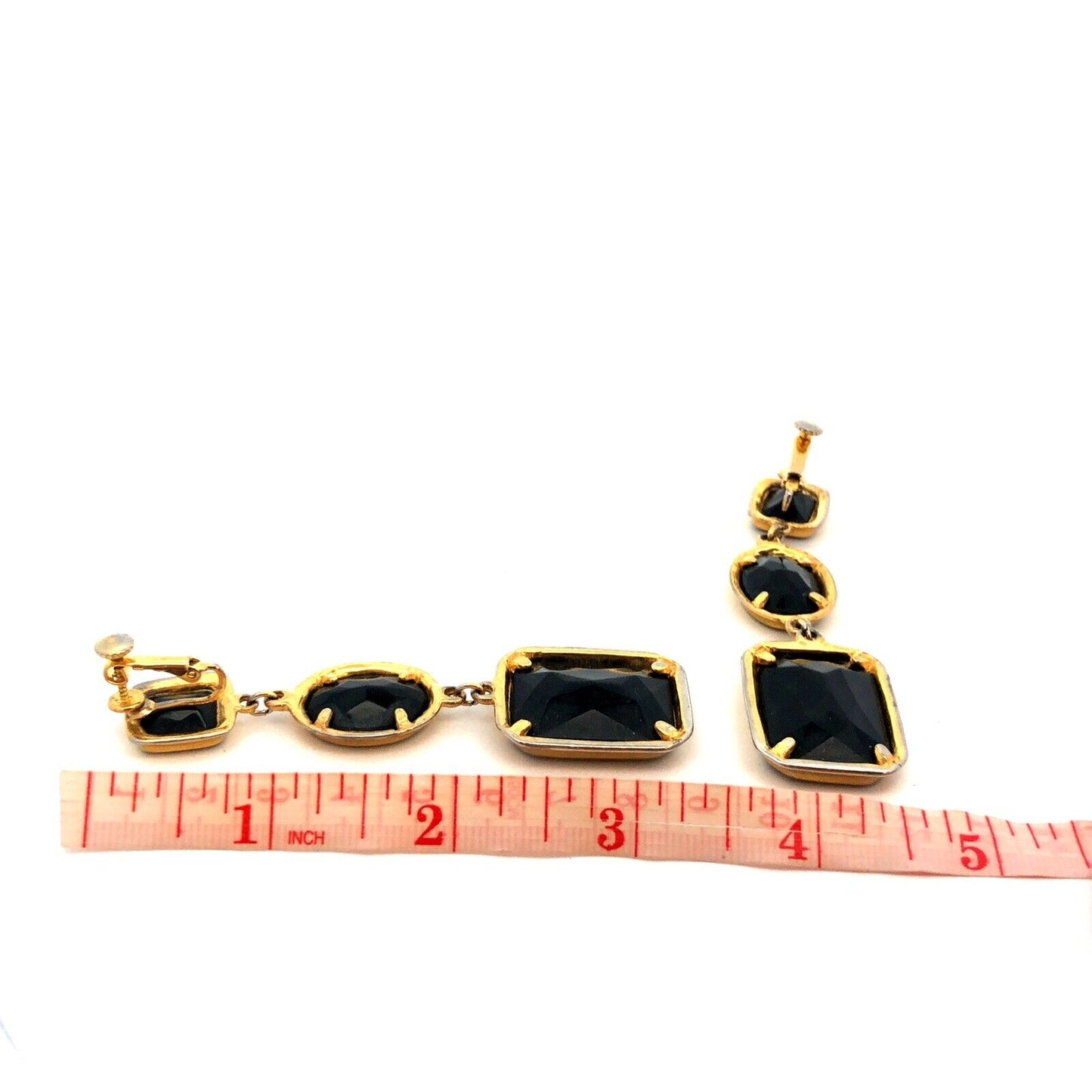 Vintage Runway Gold Tone Black Faceted Glass Statement Dangle Clip Earrings