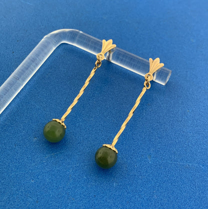 Vintage 14K Yellow Gold Jade Jadeite Ball Bead Dangle Drop Stud Earrings