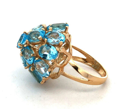 Designer EL 10K Yellow Gold Oval Blue Topaz Round Dome Statement Cocktail Ring
