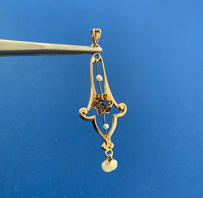 Art Nouveau 10K Yellow Gold Blue Glass Seed Pearl Drop Dangle Pendant