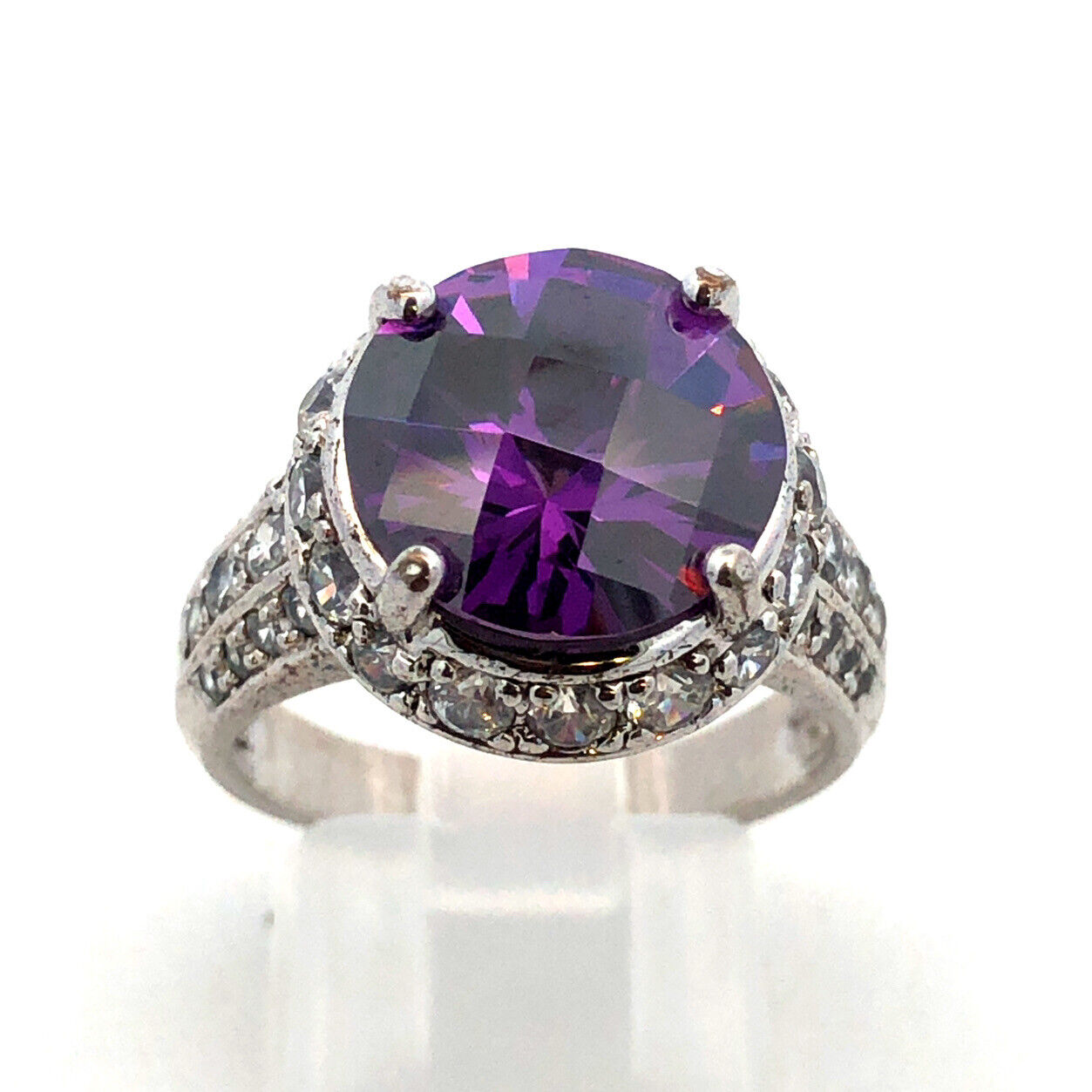 Designer 925 Sterling Silver Round Cushion Amethyst CZ Accents Cocktail Ring