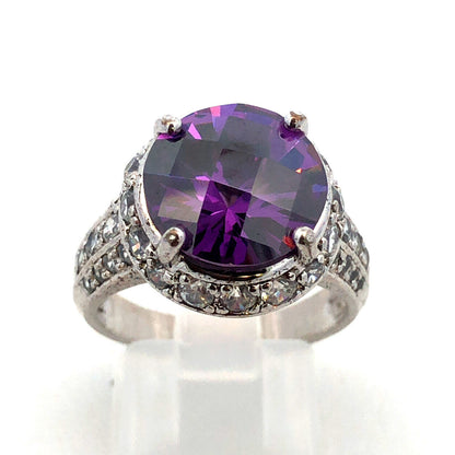 Designer 925 Sterling Silver Round Cushion Amethyst CZ Accents Cocktail Ring