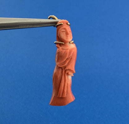Gorgeous 14k Yellow Gold Carved Coral Chinese Eastern Wise Man Dangle Pendant