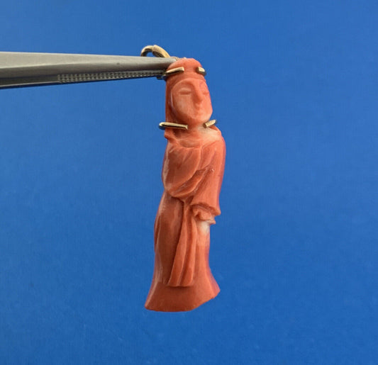 Gorgeous 14k Yellow Gold Carved Coral Chinese Eastern Wise Man Dangle Pendant