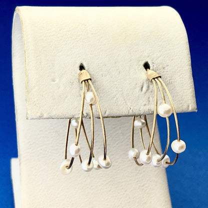 Estate JCM 14K Yellow Gold Pearl Station Three Wire Bridal Wedding Hoop Earrings
