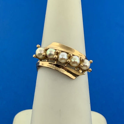 10K Yellow Gold Five Pearl Modernist Bypass Ring